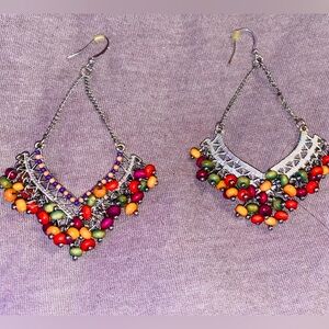 Multicolor Beaded Silver-Tone Dangle Earrings - Vibrant Festival Style